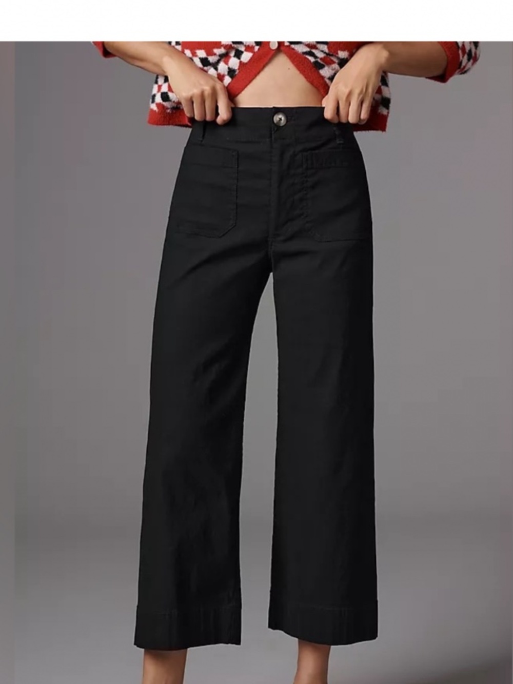 Maeve Colette Black Linen Cropped Stretch High Rise Wide Leg Pants Size 30.